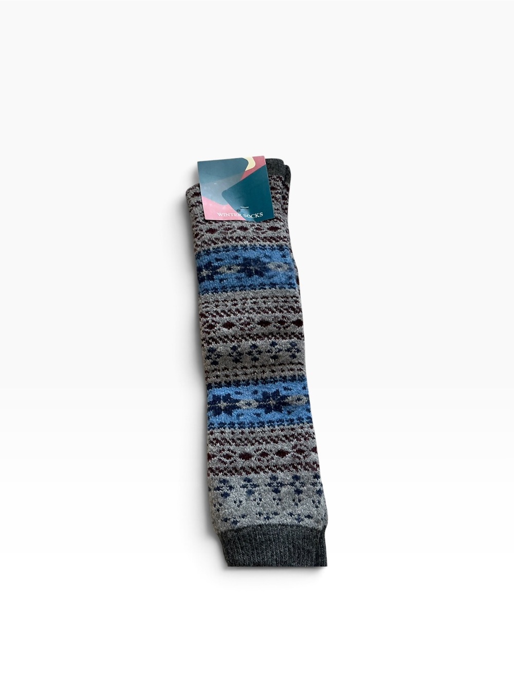 Fair Isle Crew Socks in Blue and Gray Burgundy wool Women's Patterned Knee-Highs